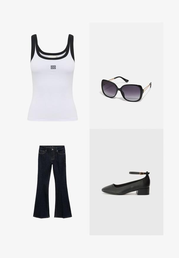 White ribbed tank top featuring a scoop neck and black trim. A logo is centered on the front. The fabric appears soft and fitted.; Dark blue denim jeans with high waist, front pockets, and flared wide legs, displayed flat on a white background.; Black leather pump with a pointed toe and a low block heel. Features an ankle strap with a gold-tone buckle. Smooth texture.; Black oversized sunglasses with gradient lenses, thick frames, and gold-tone chain detailing on the temple arms.; Black handbag with structured shape, smooth texture, and a metallic clasp. Paired with wide black pants and open-toe sandals on wooden floor.
