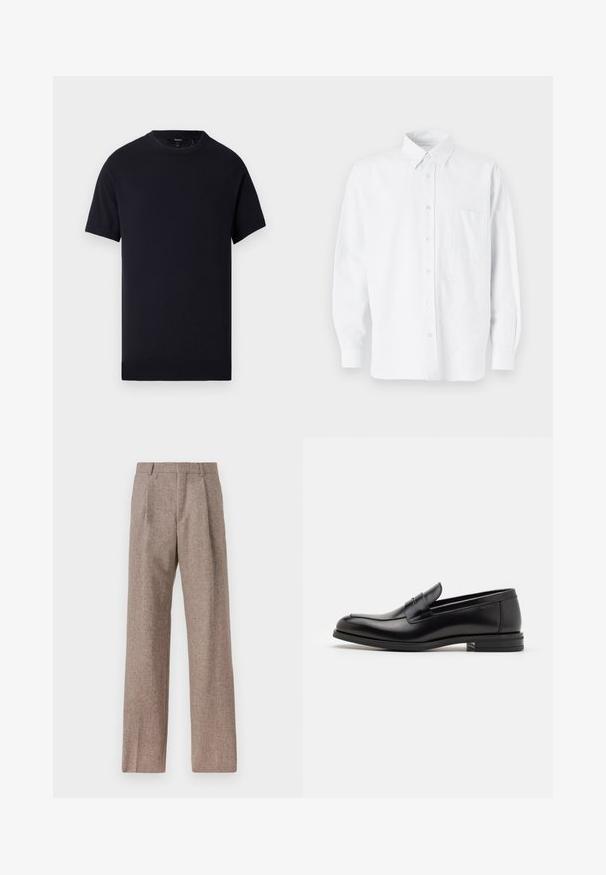 Tmavomodré tričko s krátkym rukávom vyrobené z jemnej bavlny. Má okrúhly výstrih a rovný lem bez viditeľných vzorov alebo akcentov.; Biela košeľa s gombíkmi a golierom, s jemnými vertikálnymi prúžkami, dlhými rukávmi, vreckom na hrudi a klasickým oblým spodkom.; Hnedé, vysoké nohavice vyrobené z texturovanej látky. Majú široké nohavice a dva predné záhyby pre štruktúru. Úhľadné spracovanie bez viditeľného kovania.; Čierne kožené mokasíny s hladkou textúrou, zaoblenou špičkou a dekoračným pásikom cez priehlavok. Nízky vrstvený opätok, minimalistický dizajn.