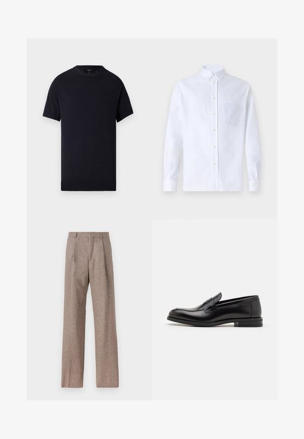 T-paita tummansinisestä pehmeästä puuvillasta, lyhythihaisena. Ominaisuuksina pyöreä pääntie ja suora helma ilman näkyviä kuvioita tai korostuksia.; Valkoinen pitkähihaista napillista paitaa, joka on valmistettu puuvillasta. Paita sisältää rinnan kohdalla taskun, jossa on samaa sävyä oleva brodeeraus, kauluksen sekä napilliset hihansuut.; Ruskejat, korkeavyötäröiset housut, jotka on valmistettu teksturoidusta kankaasta. Ominaisuuksina ovat leveät lahkeet ja kaksi etupuolelle ommeltua laskosta rakenteen tukemiseksi. Siisti viimeistely ilman näkyvää metalliosaa.; Mustat nahkakengät, joissa on sileä pinta, pyöreä kärki ja koristeellinen nauha jalkapöydän yli. Matala pinoitu koroke, minimalistinen muotoilu.