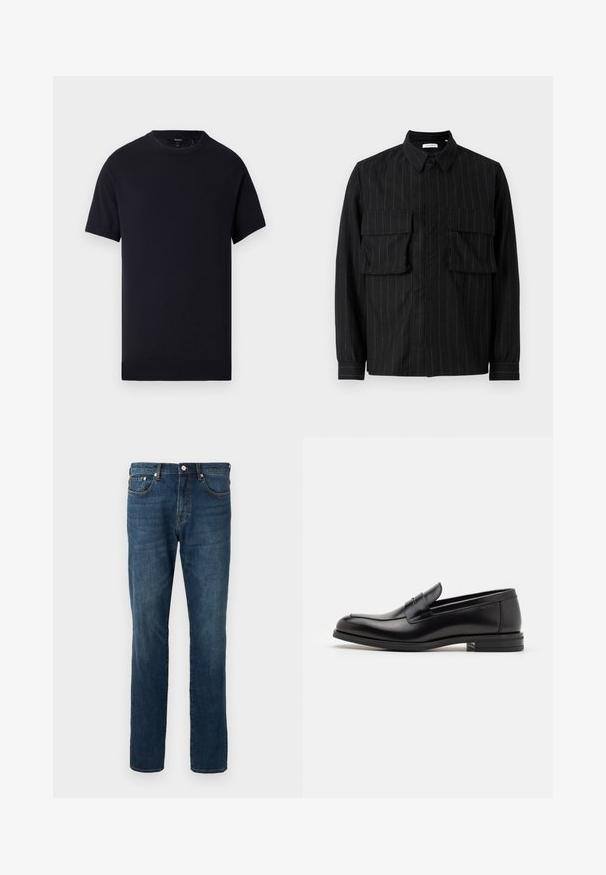 Donker marineblauwe T-shirt met korte mouwen, gemaakt van zachte katoen. Heeft een ronde halslijn en een rechte zoom zonder zichtbare patronen of accenten.; Zwarte langarmat shirt met verticale streepjes, twee borstzakken, een kraag en knoopsluiting. Zacht, gestructureerd stof.; Donkerblauwe denim jeans, rechte pijpen, vijf zakken, knoopsluiting, met subtiele vervaging en stikseldetails. Soepele textuur.; Zwarte leren instappers met een gladde textuur, ronde neus en een decoratieve band over de wreef. Lage, gestapelde hak en minimalistisch ontwerp.
