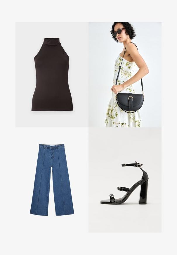 Schwarzes, ärmelloses Oberteil mit hohem Kragen aus einem glatten Stoff, das eine taillierte Silhouette hat, mit sauberen Kanten und ohne sichtbare Muster oder Beschläge.; Weite Jeans aus Denim in Mittelblau, mit hoher Taille, Knopfverschluss und kontrastierenden vertikalen Nahtdetails an der Vorderseite.; Schwarze patentierte Sandalen mit Absatz, quadratischer Spitze, Knöchelriemen und silbernen Schnallen. Mit einem stabilen Blockabsatz für mehr Stabilität.; Schwarze Lederhandtasche mit geschwungener Form, abnehmbarem Tragegurt und goldenen Beschlägen. Die Tasche verfügt über einen Deckel mit einer Schnallen-Details.