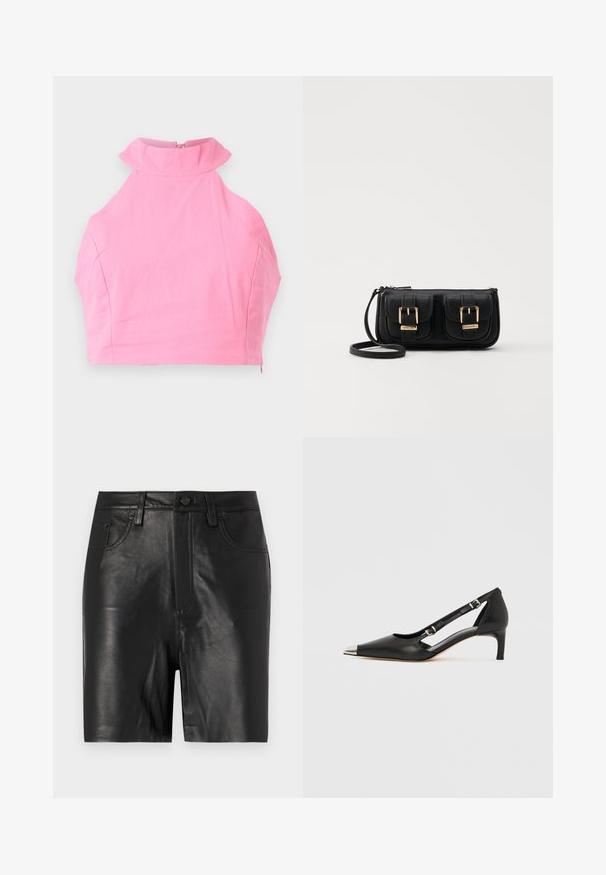 Rožinė trumpa palaidinė su aukšta raukinėta apykakle, lygi tekstūra ir užpakaline užtrauktuko uždarymo sistema. Tinkamas pritaikymas, be papildomų raštų ar akcentų.; Juodi odiniai šortai su lygiu paviršiumi, su priekiu užtraukiama užtrauktuku, mygtuko uždarymu ir klasikiniu penkių kišenių dizainu.; Juodos odos bateliai su žemu kulniuku, smailiu sidabro spalvos pirštinės gaubtu ir dvigubais dirželiais, ant balto fono.; Juodas odinis per petį nešiojamas krepšys su dviem priekiniais kišenėmis, auksiniais sagtimis, užtrauktuko uždarymu ir siauromis petnešomis. Textūruota paviršius ir kompaktiškas stačiakampis formatas.; Nedidelis nereguliarus ovalo formos aukso tono metalinių auskarų pora su tekstūruota, šiek tiek kalta paviršiumi ant balto fono.