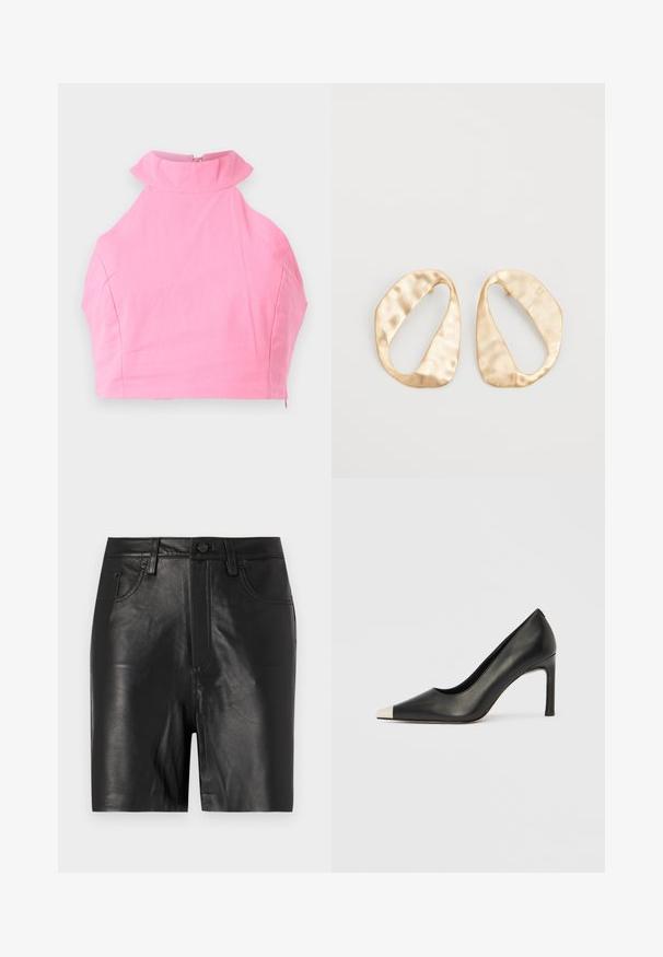 Rosa Cropped-Top mit hohem Rüschenkragen, glatter Textur und einem Reißverschluss auf der Rückseite. Taillierte Passform und ohne zusätzliche Muster oder Akzente.; Schwarze Lederhorts mit glatter Textur, ausgestattet mit einem vorderen Reißverschluss, Knopfverschluss und klassischem Fünf-Taschen-Design.; Schwarzer Lederschuh mit hohem Absatz, spitz zulaufender Zehenpartie und metallischer silberner Spitze. Verfügt über eine glatte Oberfläche und einen schlanken 10 cm hohen Absatz.; Ein Paar unregelmäßige, oval geformte Ohrringe aus goldfarbenem Metall mit einer strukturierten, leicht gehämmerten Oberfläche auf weißem Hintergrund.