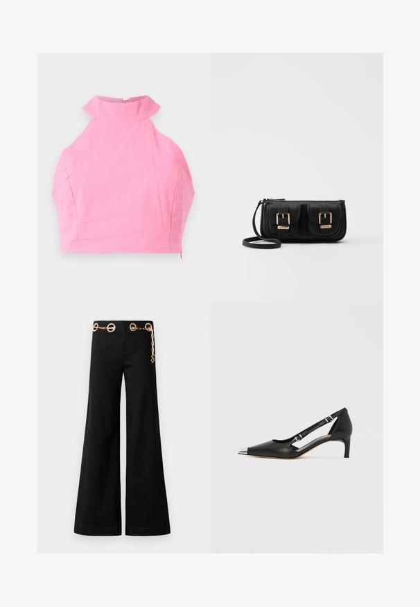 Pink cropped top with a high ruffled collar, smooth texture, and a rear zipper closure. Tailored fit and no additional patterns or accents.; Black wide-leg pants made of cotton, featuring gold circular hardware and a chain detail on the waistband. Smooth texture, clean cut.; Black leather kitten heel with pointed silver toe cap and dual buckle straps on a white background.; Black leather crossbody bag with two front pockets, gold buckles, zipper closure, and a slim strap. Textured surface and compact rectangular shape.; Pair of irregular oval-shaped gold-toned metal earrings with a textured, slightly hammered surface on a white background.
