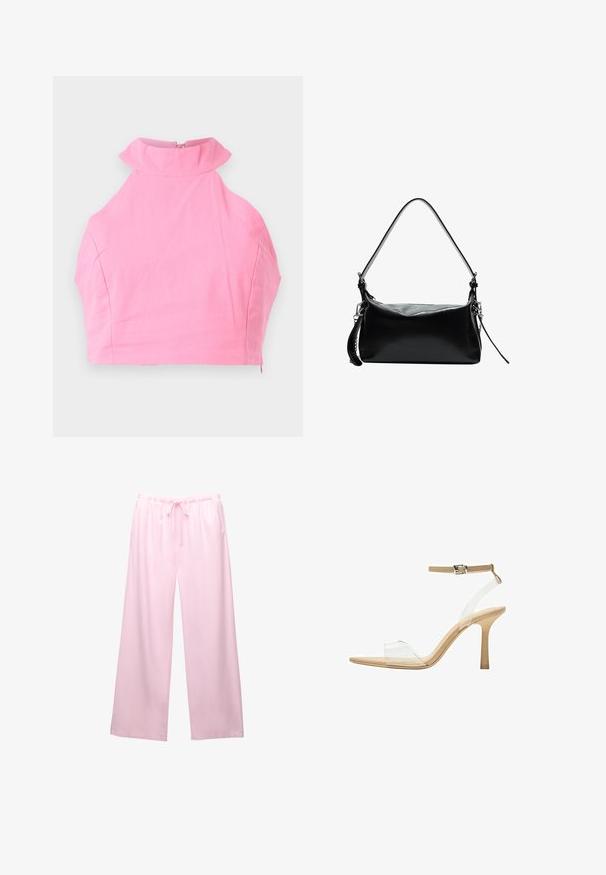Rosa Cropped-Top mit hohem Rüschenkragen, glatter Textur und einem Reißverschluss auf der Rückseite. Taillierte Passform und ohne zusätzliche Muster oder Akzente.; Helle rosa weite Hose aus weichem Stoff, mit einem elastischen Bund und einem Kordelzug für eine verstellbare Passform.; Durchsichtige Sandale mit transparentem Obermaterial, beigem Fußbett und einem schlanken Knöchelriemen. Sie hat eine spitz zulaufende Zehenpartie und einen dünnen, hohen Absatz.; Schwarze Ledertasche mit einem gewölbten Schultergurt, glatter Textur, rechteckiger Form, Reißverschluss und Akzenten aus silbernem Metall.
