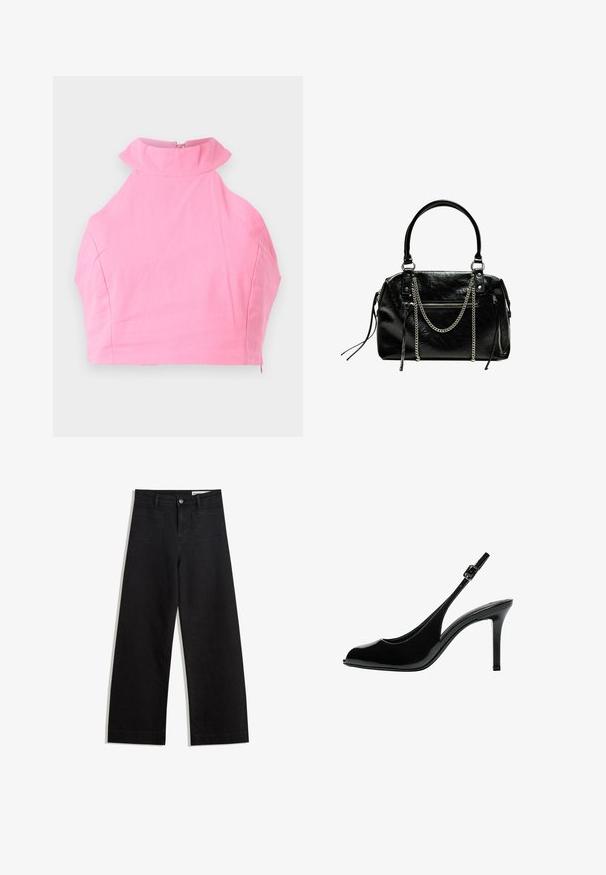 Lyserød cropped top med høj flæsekrave, glat tekstur og lynlås lukning bagpå. Skræddersyet pasform uden yderligere mønstre eller detaljer.; Sorte wide-leg denim bukser med høj talje, der har front- og baglommer, syede sømme og en knaplukning. Glat tekstur.; Bershka WITH OPENING - Højhælede peep-toes - black; Bershka WITH CHAIN - Håndtasker - black