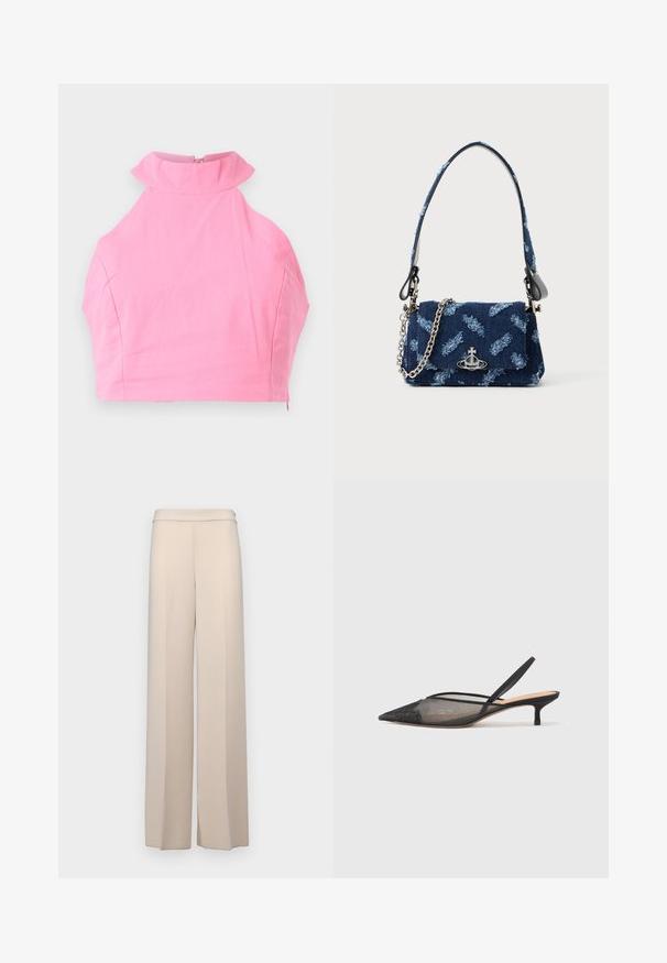 Pink cropped top with a high ruffled collar, smooth texture, and a rear zipper closure. Tailored fit and no additional patterns or accents.; Beige wide-leg pants in a smooth fabric, featuring a high waist and subtle front pleats. No pockets or visible hardware details.; NEOUS IRENA - Classic heels - black; Navy blue fabric handbag with a textured design, silver hardware, and a detachable chain strap. Features a flap closure and logo accent.