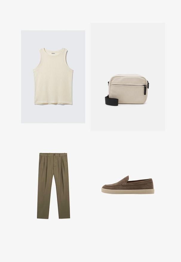 Canotta a coste color crema con scollatura tonda e spalline larghe. Tessuto morbido con un design semplice. L'etichetta riporta "WEEKDAY."; Pantaloni verde oliva a pieghe con silhouette dritta, realizzati in tessuto texturizzato. Presentano una chiusura frontale con bottone e tasche laterali.; Scarpe slip-on in suede marrone con punta arrotondata a profilo basso e suola in gomma color crema. Cuciture minime e superficie liscia.; Borsa a tracolla in corduroy color crema con cerniera nera, tracolla rimovibile e motivo testurizzato. Presenta un compartimento principale e una tasca anteriore.