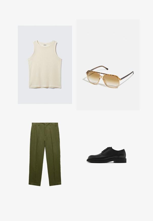 Cream-colored ribbed tank top with a round neckline and wide shoulder straps. Soft texture with a simple design. Tag reads "WEEKDAY."; Olive green trousers made from a smooth fabric, featuring a button closure, two side pockets, and a straight-leg design.; Black leather dress shoe with a textured finish, round toe, five eyelets for laces, and a sturdy black sole. Simple, straight design.; Tortoiseshell sunglasses with a rectangular frame, brown gradient lenses, and sleek black temples featuring subtle logo accents.