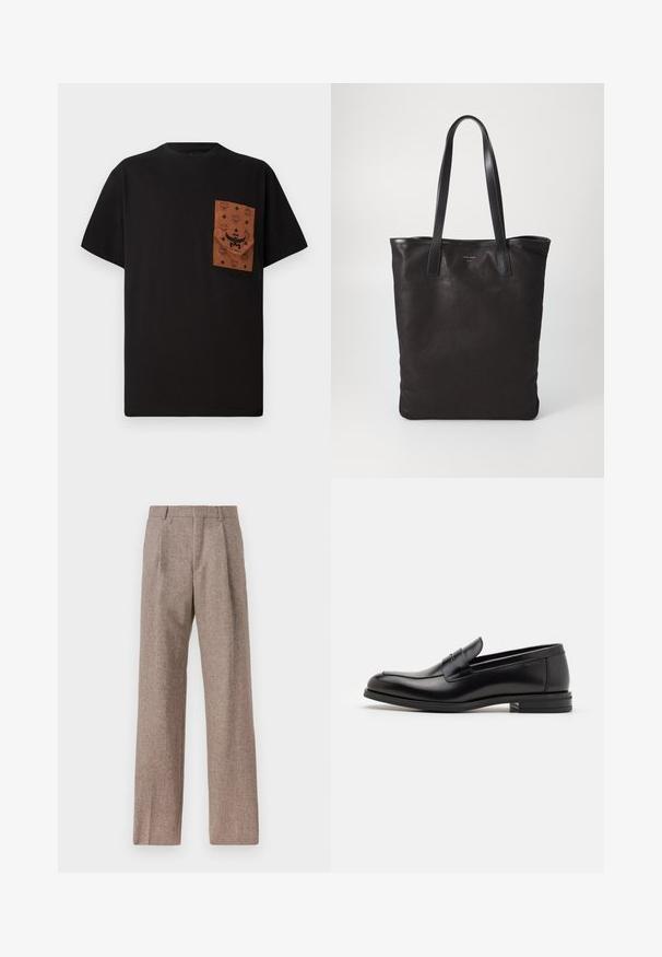 Black T-shirt with a brown pocket featuring an embossed pattern and logo. Short sleeves and round neckline. Cotton fabric, casual fit.; Light blue long-sleeve shirt with a pointed collar, black buttons, and a unique cutout in the front for distinctive design.; Brown, high-waisted trousers made of textured fabric. Features wide legs and two front pleats for structure. Neat finish with no visible hardware.; Black leather loafers with a smooth texture, rounded toe, and a decorative strap across the vamp. Low stacked heel, minimalist design.; Black canvas tote bag with black leather handles. Simple design, spacious body, and a smooth texture. No visible logos or patterns.
