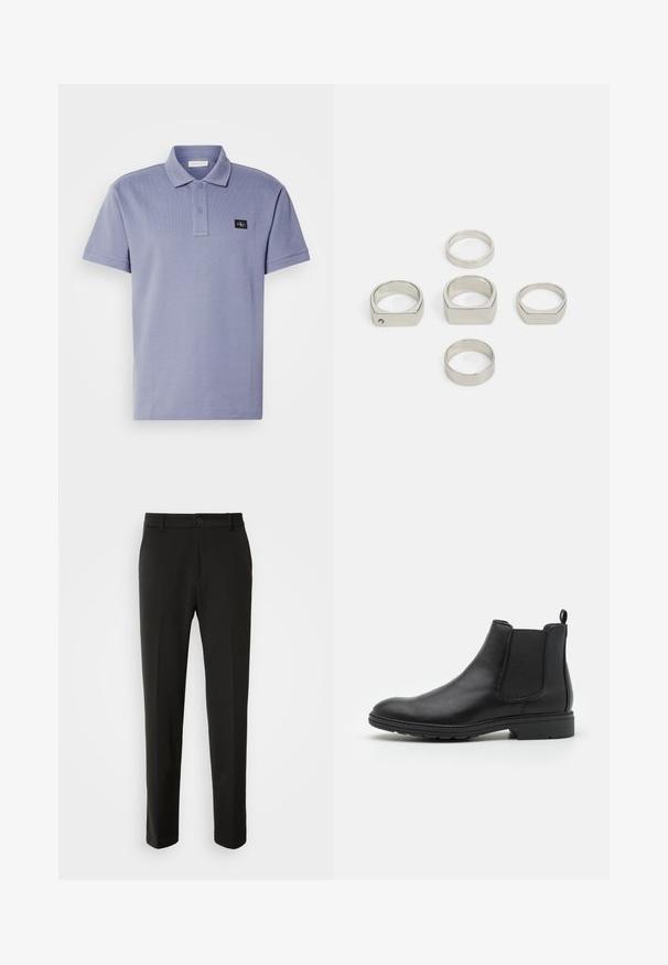 Polo skjorte i lys lilla, laget av strukturert stoff, med en treknappsklaff og et lite svart logopatch på venstre bryst.; Sorte bukser laget av glatt stoff, med rette ben, knappelukking og en klassisk design som passer til både formell og uformell bruk.; Sorte skinn Chelsea-støvler med elastiske sidepaneler og en pull-tab, med en avrundet tå og teksturert gummisåle.; Sett med seks metalliske sølvringer i ulike former, inkludert runde og firkantede, med glatte teksturer og minimalistisk design.