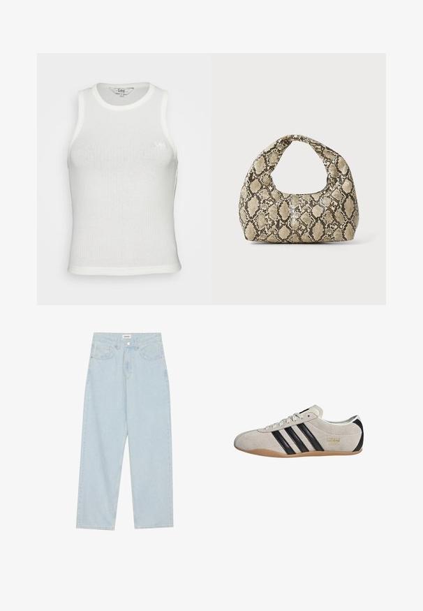 Valge ribaga ilma varrukateta särk ümmarguse kaelusega ja keha lähedal istuv disain. Ees on väike ja diskreetne Lee logo, mis on õmmeldud.; Heledad helesinine laiemate säärega teksapüksid, mis on valmistatud denimist, sisaldavad keskelt kõrge vöökoha, viit taskut ning nööbiga kinnitamist õhuke metallaccent.; Suuletennised halli ülemise osa, mustade triipude ja kummi kummiga talla. Omab nööridega kinnitust ja kuldset logo detailsust küljes.; Musta käärmeprindiga kott kõveraga käepidemega. Valmistatud tekstiilsetest, beežidest ja pruunidest materjalidest, millel on iseloomulik rombikujuline muster.