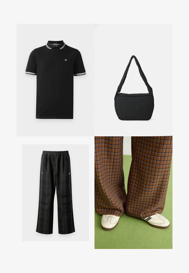Černé polo tričko vyrobené z bavlny, s dvouknoflíkovým zapínáním, bílým a šedým pruhem na límci a manžetách, a malou nášivkou loga na hrudi.; Černé kostkované kalhoty s elastickým pasem, dvěma předními kapsami a volným střihem se rovnými nohavicemi. Vyrobeny z lehkého materiálu.; Hnědo-modré kostkované široké kalhoty doplněné bílými botami s černými akcenty a texturovanou podrážkou, umístěné na zeleném pozadí.; Černá ramenní taška s polstrovanou texturou, zaobleným tvarem a širokým popruhem, na jejíž přední straně je vyražené logo.