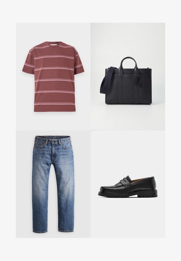 Bordo tričko s horizontálnymi ružovými pruhmi, okrúhlym výstrihom, krátkymi rukávmi a voľným strihom. Vyrobené z mäkkej bavlny.; Džínsy z modrej denimu s rovnými nohavicami, zapínaním na gombík a zips, piatimi vreckami a oranžovým prešívaním na svetlosivom pozadí.; Čierne kožené mokasíny majú vystúpený šev, dve dekoratívne pásky na vrchu a hrubú textúrovanú podrážku pre lepšiu priľnavosť.; Tmavomodrá kožená aktovka s dvoma hornými uchami a odnímateľným popruhom. Disponuje textúrovaným povrchom, vertikálnym prešívaním a detailom loga.