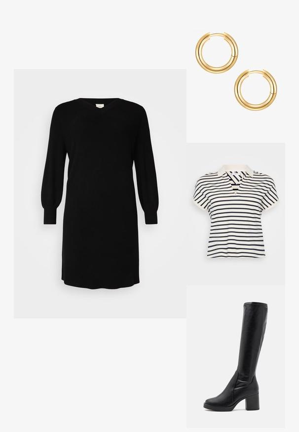 Polo majica kratkih rukava s prugama koja ima V-izrez, u mornarsko plavoj i krem boji, od mekog pamučnog materijala i klasičnog dizajna ovratnika.; Črna pletena obleka z V-izrezom, dolgimi balonastimi rokavi in ribastimi manšetami. Preprost dizajn s pravim krojem in dolžino do kolen.; Črne škornje do kolen iz gladkega usnja s širokim peto in zaobljenim nosom. Imajo brezšivno zasnovo in diskretne šive.; Zlati uhani v obliki obročev z dvojnim slojem. Gladka, sijajna površina s skritim mehanizmom za zapiranje. Okrogla oblika z modernim videzom.