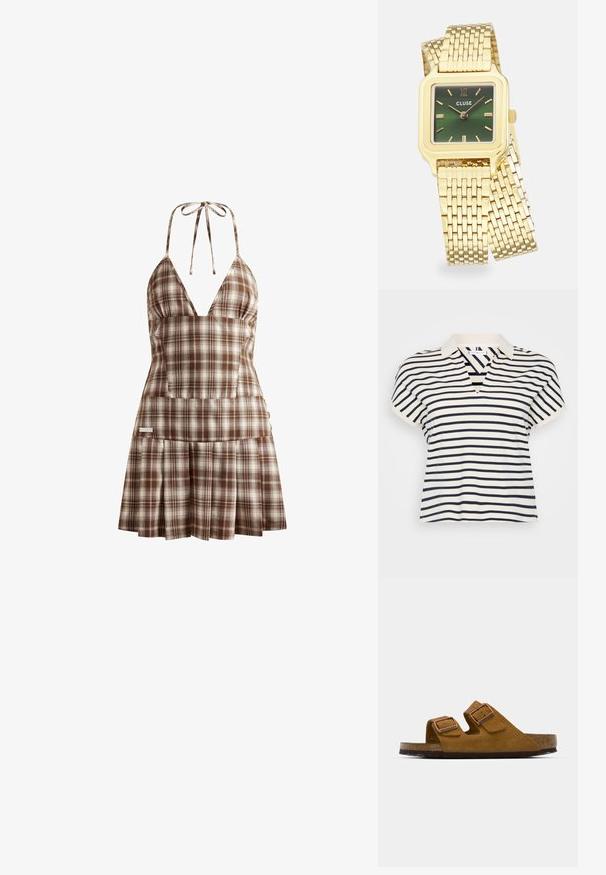 Tricou polo cu mânecă scurtă, cu dungi, având un decolteu în V, cu dungi bleumarin și crem, dintr-un material moale de bumbac și un design clasic al colarului.; House of Sunny THE HOXTON CHECK DRESS - Rochie de zi - multi-colored; Sandale din suede maro cu două catarame ajustabile, talpă din plută și sole din cauciuc texturat. Design cu vârful deschis și tip slip-on pentru confort.; Geantă de mână din piele neagră, cu un design structurat, mânere superioare, curea de umăr detașabilă și accesorii de culoare aurie. Prezintă un sistem de închidere cu clapetă în față.; Ceas de mână pătrat, de culoare aurie, cu un cadran în gradient verde, indicatoare de oră aurii și o brățară din plasă. Numele brandului "CLUSE" este afișat pe cadran.; Cercei cu tija aurie, cu un design răsucit. Fiecare cercel are un fundal circular transparent pentru o purtare sigură.