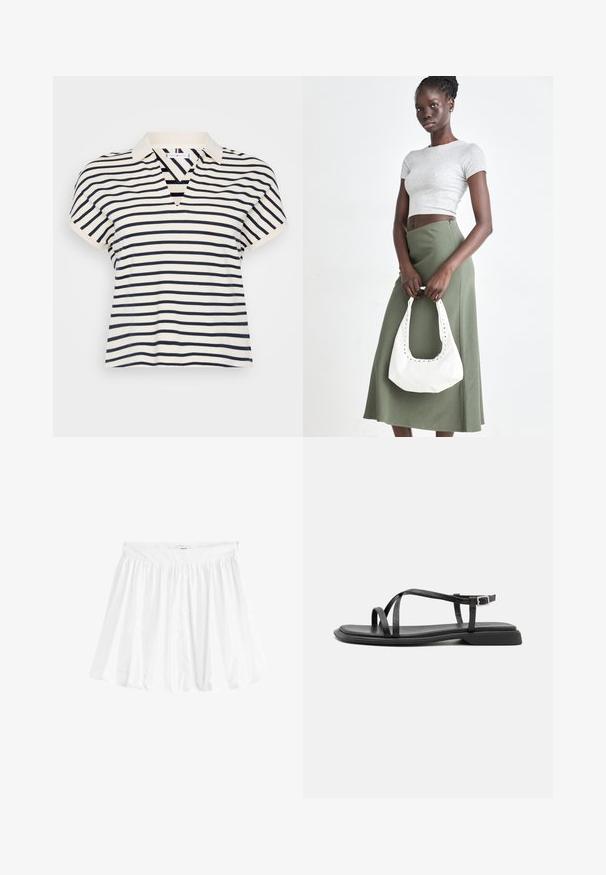 Triibuline lühikeste varrukatega polo särk, millel on V-kaelus, tumesinised ja kreemjad triibud, pehme puuvillane materjal ja klassikaline krae disain.; Valge, laienev seeliku, mis on valmistatud kergest kangast ja millel on elastne vöökoht. Omab kogutud disaini, mis lisab mahukust ja voolavust.; Mustad musta värvi sandaalid õhukeste reguleeritavate rihmadega, ristküliku kujuline varba post ja tekstureeritud mati viimistlusega. Omavad madalat, veidi nurgelist kontsa.; Hallid hall pitsakene ja oliiviroheline kõrge vöökohtadega seelik. Mudel hoiab käes valget õlakotit, millel on lõikega detailid. Lihtne disain, vormiline siluett.