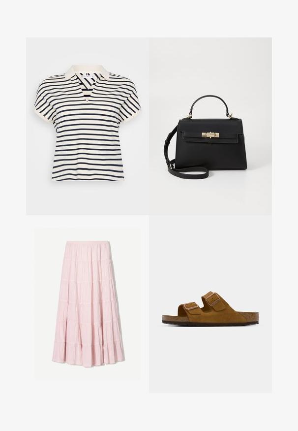 Prugasta majica s kratkim rukavima i V-izrezom, s mornarsko plavim i krem prugama, od mekanog pamučnog materijala, te klasičnim dizajnom ovratnika.; Svijetlo ružičasta, slojevita maxi suknja izrađena od teksturirane, lagane tkanine. Elastična jedinica struka i lepršavi rub s naborima.; Smeđe nubuk sandale sa dva podesiva remena, korkovom unutrašnjošću i teksturiranom gumenom potplatnom. Minimalistički dizajn bez dodatnih ukrasa.; Crna kožna torba sa strukturiranim dizajnom, gornjom drškom, odvojivim remenom za rame i zlatnim detaljima. Ima prednje zatvaranje na kopču.; Naušnice na stud s zlatnim tonom i uvrnutim dizajnom. Svaka naušnica ima okruglu prozirnu podlogu za sigurno nošenje.