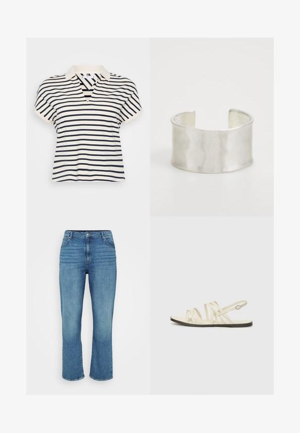 Stripet kortermet polo skjorte med V-hals, i marineblå og kremfargede striper, laget av myk bomull og med klassisk kragedesign.; Lyseblå denimjeans med rett ben-design, som har fem lommer, beltehemper og subtil falming på forsiden.; Strappy sandaler i kremfarge laget av syntetisk materiale, med flere smale stropper og en flat brun såle med justerbar ankelreim.; Zign Armbånd - silver-coloured