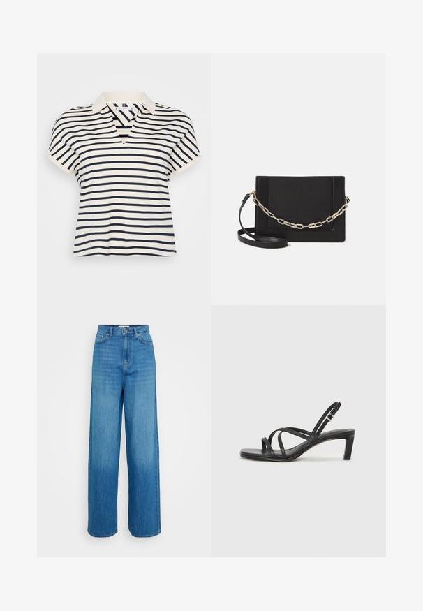 Polo à manches courtes rayé avec un décolleté en V, en bleu marine et crème, en coton doux, et un design de col classique.; Jean bleu taille haute à jambes larges avec fermeture à bouton et à zip à l'avant, poches avant et arrière, et ourlets cousus sur un fond blanc.; Sandale noire à lanières avec un bout carré et un petit talon bloc. Elle présente plusieurs fines lanières et une sangle de cheville ajustable. Fabriquée en cuir lisse.; Sac bandoulière en cuir noir avec une texture lisse, de forme rectangulaire et un détail en chaîne métallique à l'avant. Sangle réglable incluse.