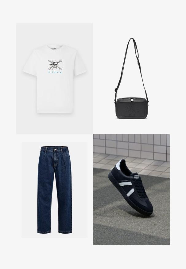 T-shirt en coton blanc avec un graphisme de crâne noir portant un chapeau, des os croisés et un texte japonais bleu sous le design. Manches courtes.; Jean en denim bleu foncé avec une coupe droite. Présente des coutures visibles, une fermeture par bouton et des plis à l'avant pour un détail supplémentaire.; Sneaker en cuir noir avec des rayures blanches, semelle en caoutchouc texturée et devant à lacets. Présente une étiquette de marque sur la languette.; Sac bandoulière en cuir noir avec une fermeture éclair, logo embossé à l'avant et une sangle réglable. Texture lisse avec une forme rectangulaire.