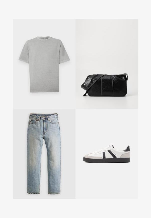 Schlichtes hellgraues T-Shirt mit kurzen Ärmeln und Rundhalsausschnitt, gerade Saumlinie, vor weißem Hintergrund dargestellt.; Helle blaue Jeans mit hoher Taille, Frontknopf, Reißverschluss und fünf Taschen-Design, flach auf einem neutralen Hintergrund ausgelegt.; Weiße Sneaker mit schwarz- und grau-aczenten, ausgestattet mit einer strukturierten grauen Zehenkappe, schwarzer Gummi-Sohle und flachen weißen Schnürsenkeln. Sauberes Design, minimalistische Stil.; Schwarze Leder Schultertasche mit Reißverschluss, ausgestattet mit einer strukturierten Oberfläche, weißen Nähten und einem Tragegurt mit silbernen Ösen.