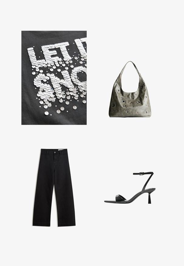 T-shirt en tissu gris présentant de grands sequins réfléchissants argentés formant la phrase "Laissez-le briller", avec des sequins plus petits éparpillés.; Pantalon en denim noir à jambes larges avec une taille haute, comprenant des poches avant et arrière, des coutures piquées et une fermeture à bouton. Texture lisse.; Bershka Sandales à talons hauts - black; Sac à main en cuir vert olive au design décontracté, avec des découpes circulaires de différentes tailles et des accents dans des teintes plus sombres et plus claires.