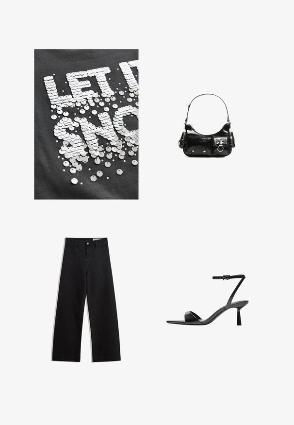 T-shirt in tessuto grigio con grandi paillettes riflettenti argento che formano la frase "LASCIALO BRILLARE", con paillettes più piccole sparse.; Pantaloni in denim neri a gamba larga con vita alta, dotati di tasche anteriori e posteriori, cuciture a punto, e chiusura con bottone. Texture liscia.; Bershka Sandali con tacco - black; Borsa a spalla in vernice nera con forma curvata, una tracolla, tasche frontali e dettagli in metallo argentato.