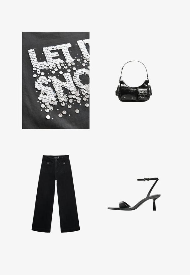 Siva majica iz tkanine z velikimi, odbojnimi srebrnimi bleščičami, ki oblikujejo besedno zvezo "PUSTITE, DA SVEČI", z razpršenimi manjšimi bleščičami.; Črne široke kavbojke z visokim pasom, ki imajo dva sprednja žepa in kovinske gumbi. Tkanina ima gladko teksturo.; Bershka Sandali z visoko peto - black; Črna lakasta usnjena torbica s ukrivljeno obliko, enim ramenskim trakom, sprednjimi žepi in srebrnimi kovinskimi dodatki.