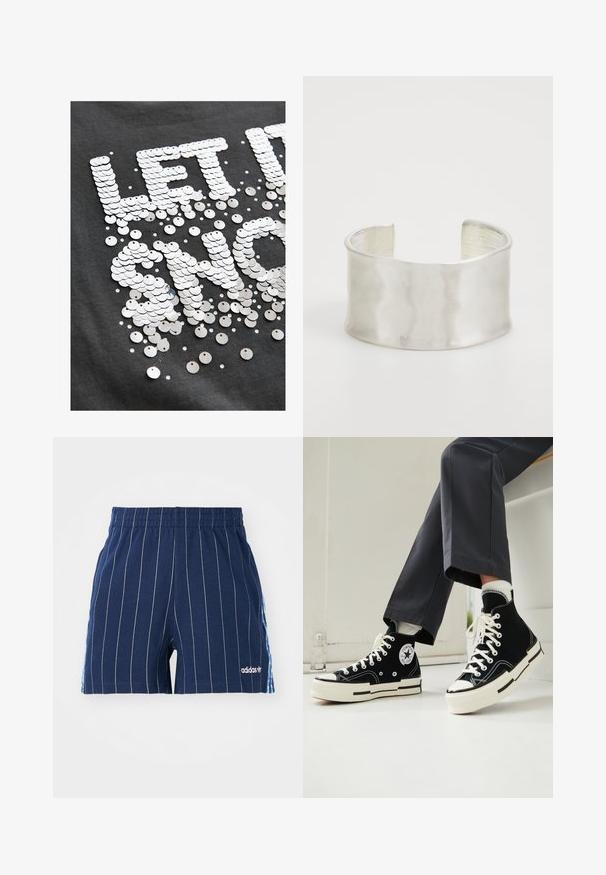 Gray fabric t-shirt featuring large, reflective silver sequins forming the phrase "LET IT SHINE," with scattered smaller sequins.; Navy blue shorts with white pinstripes, elastic waistband, and Adidas logo. Features blue accents on the sides, made of cotton blend material.; Black canvas high-top sneakers with a rubber toe cap, white laces, and Converse logo patch. Features contrasting white sole and stitching.; Zign Bracelet - silver-coloured