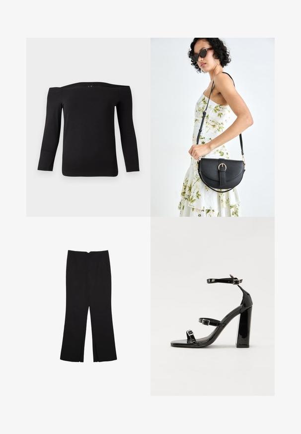 Svart off-shoulder långärmad topp gjord av ett glatt, elastiskt tyg. Har en bred halsringning och en åtsittande silhuett.; Svarta byxor med rak passform, utrustade med framfickor och sidoklyvningar vid fållen. Tillverkade av mjukt, slätt tyg. Lämpliga för olika tillfällen.; Svarta lackerade högklackade sandaler med två spännband, fyrkantig tå och en tjock klack, med en slät och glansig yta.; Svart läderhandväska med en böjd form, avtagbar rem och guldiga detaljer. Väskan har ett lock med en spänndetalj.