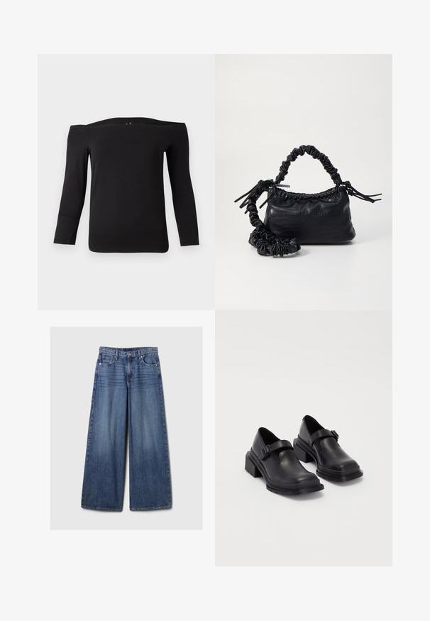 Crna bluzica bez naramenica s dugim rukavima, napravljena od glatkog, rastezljivog materijala. Ima široku izrezu i uski kroj.; Široke plave traperice s izblijedjelim finišom, s kopčanjem na gumb i patentni zatvarač, pet džepova i petljama za remen.; Crne kožne cipele s okruglim vrhom, ravnim đonom i remenom s detaljem kopče. Debeli blok peti za dodatnu stabilnost.; Crna torba od umjetne kože s teksturom krokodila, s cinčanim vrhom i naboranom trakom. Izgleda mekano i kompaktno u dizajnu.