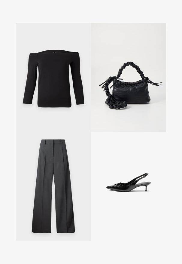 Fekete, vállnélküli, hosszú ujjú felső sima, rugalmas anyagból. Széles nyakkivágással és testhezálló szabással rendelkezik.; Széles szárú nadrág sötétszürke anyagból, magas derekú, egyes redőkkel, sima textúrával és tiszta befejezéssel a szegélyeken.; Fekete bőrből készült slingback magassarkú cipők hegyes orral, kis francia sarokkal és díszes csomóval az elején. Az egész felületen sima textúra.; Fekete műbőr kézi táska krokodil bőr textúrával, összehúzható tetejű és gyűrt pánttal. Lágy és kompakt dizájnúnak tűnik.