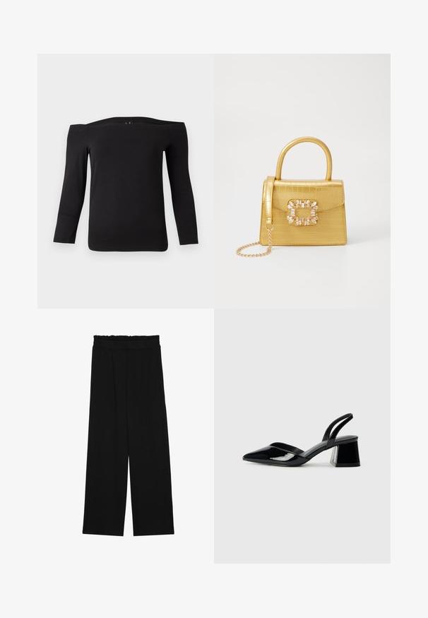 Blusa preta de manga longa, off-the-shoulder, feita de um tecido liso e elástico. Apresenta um decote amplo e uma silhueta ajustada.; Calças largas pretas com um cinto franzido, apresentando dois bolsos laterais e um tecido suave e leve. Sem padrões ou ferragens visíveis.; Sandy em verniz preto com salto slingback, ponta afilada e salto geométrico. Apresenta um design elegante e minimalista com textura suave.; Bolsa amarela em pele de crocodilo falsa, com um design estruturado, pega no topo, alça de corrente removível e decoração de cristal no fecho.