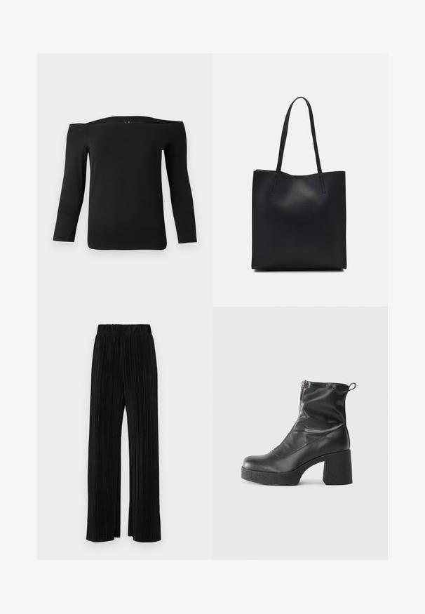 Juodas off-the-shoulder ilgos rankovės viršus, pagamintas iš lygaus, tamprus audinio. Savybės - plati iškirptė ir prigludusi siluetas.; Juodi plisuoti kelnės su elastine juosta. Turėkite plačias kojas ir glotnų, tekstūrinį audinį su vertikaliais dryžiais.; Juodos kulkšninių botai, pagaminti iš lygaus odos, su šoniniu užtrauktuku, masyviu tekstūruotu kulnu ir apvaliu pirštu.; Juodas odinis tote krepšys su lygia tekstūra, stačiakampio formos ir dviem ilgais rankenomis. Matomų metalinių detalių ar puošybos nėra.