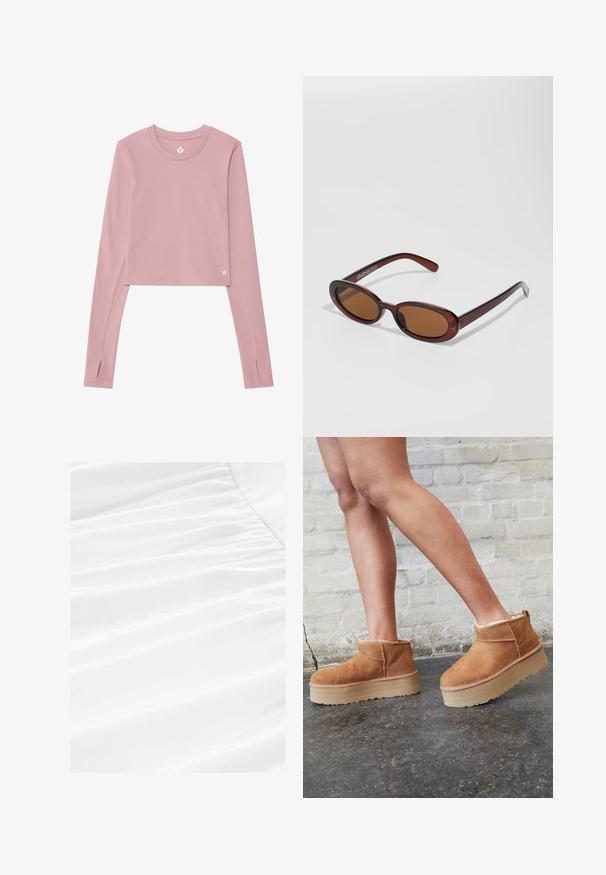 Top corto a maniche lunghe in morbido tessuto rosa; presenta un colletto rotondo, aperture per il pollice nei polsini e un piccolo logo sull'orlo.; Tessuto bianco con morbida caduta e texture plissettata, caratterizzato da un materiale leggero e liscio in una presentazione pulita e nitida.; Stivali alla caviglia in suede marrone con una fodera morbida, suola platform spessa beige e un'asola posteriore. Superficie testurizzata con dettagli di cucitura ben visibili.; Occhiali da sole rotondi con tonalità marrone, montatura lucida color bordeaux. Aste sottili con un sottile dettaglio del marchio. Design delle lenti piatte.; Borsa a spalla rosa realizzata in materiale testurizzato, con due manici lunghi e un logo impresso sul davanti. Chiusura superiore con zip.