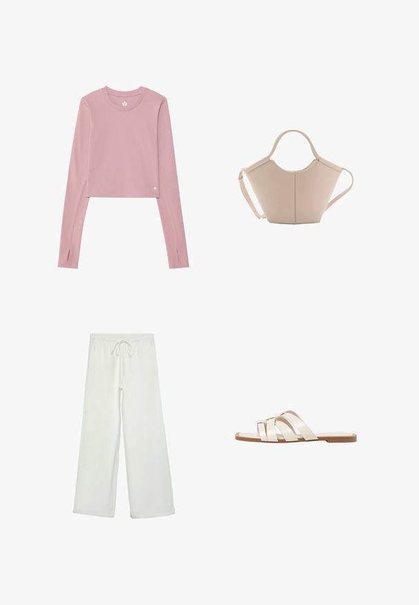 Langärmliges, kurzes Oberteil aus weichem rosa Stoff; mit rundem Ausschnitt, Daumenlöchern in den Bündchen und einem kleinen Logo am Saum.; Weiße, weit geschnittene Hose aus weichem Stoff. Mit einem elastischen Bund und einem Kordelzug sowie einer glatten Oberfläche. Keine sichtbaren Muster oder Hardware.; Flache Sandalen mit einer honigfarbenen Gummisohle, gestaltet mit drei überlappenden weißen Lederriemen und einem kleinen Schleifendetail in der Mitte.; Beige Lederhandtasche mit einer einzigartigen Form, die zwei kurze Henkel und einen langen verstellbaren Riemen aufweist. Glatte Textur mit minimalen Hardware-Elementen.