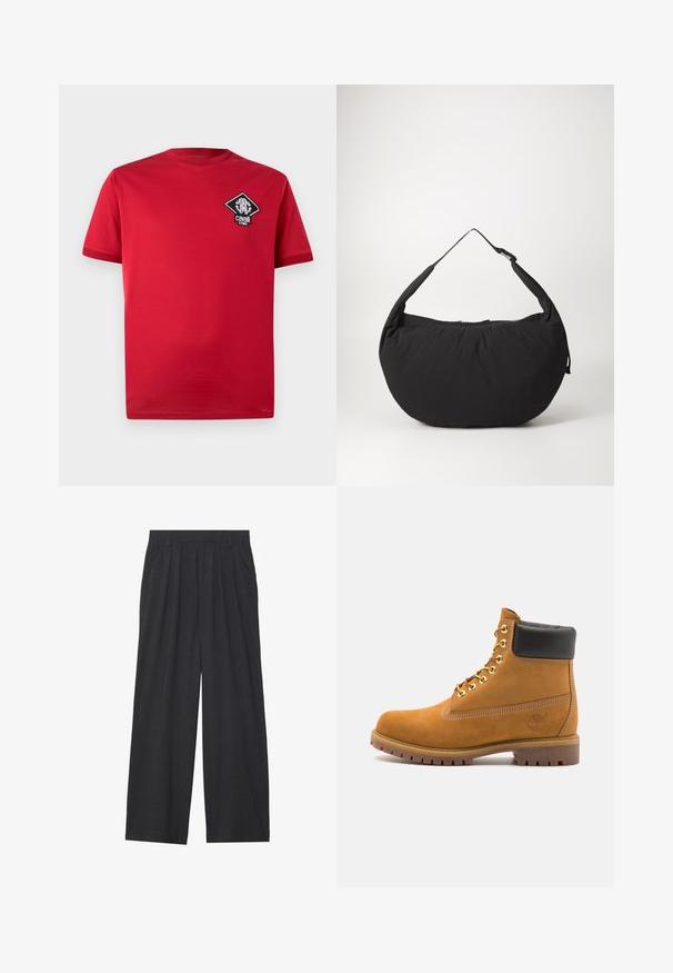 Piros rövid ujjú pamut póló, kerek nyakkivágással, bal oldali mellrészen gyémánt alakú fekete-fehér logófolttal.; Sötétszürke anyagból készült, bő szárú nadrág. Ráncokkal a deréknál, elegáns fazonnal és egyenes sziluettel rendelkezik.; Barna velúr bokacipő fekete párnázott gallérral, arany fém fűzőlyukakkal, fehér varrási részletekkel és durva gumitalppal, amelynek kifejezett barázdái vannak.; Fekete szövet válltáska ívelt formával, egyetlen pánttal és cipzáras záródással. Puha tapintás, minimalista dizájn.