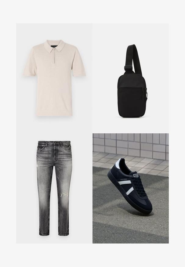 Polo shirt cu mânecă scurtă, de culoare bej deschis, cu guler clasic, textură de material moale și guler cu fermoar.; Jeans din denim negru estompat, cu croi drept, având zone deteriorate, buzunare frontale și o închidere clasică cu buton.; Sneaker din piele neagră cu dungi albe, talpă din cauciuc texturat și șireturi. Prezintă un eticheta de marcă pe limbă.; Geantă crossbody neagră, confecționată dintr-un material rezistent, dotată cu o curea ajustabilă, un compartiment principal cu fermoar și o buzunar frontal.