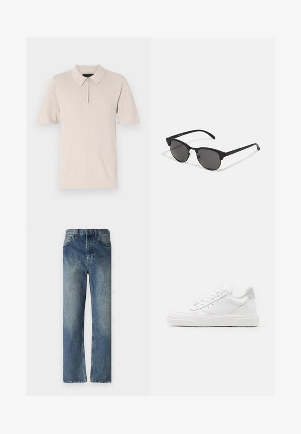 Šviesiai bežinė trumpas rankovės polo marškiniai su užtrauktuku priekyje, minkšta audinio tekstūra ir klasikinio dizaino apykakle.; Mėlyni džinsai su tiesiom kojomis, turintys išblukusį skalbimą, diržo kilpas, priekinės kišenės ir vieną užpakalinę kišenę.; Balti odiniai sportbačiai su lygiu paviršiumi, apvaliu pirštu, plokščiomis raištelėmis ir struktūrizuota padu. Pilko zimšo akcentas ant kulno.; Juodos saulės akinių su apvaliais lęšiais, matinio paviršiaus ir išskirtinės katės akies formos. Šlauni rankenos su subtilia ženklinimo detale kairėje šventykloje.