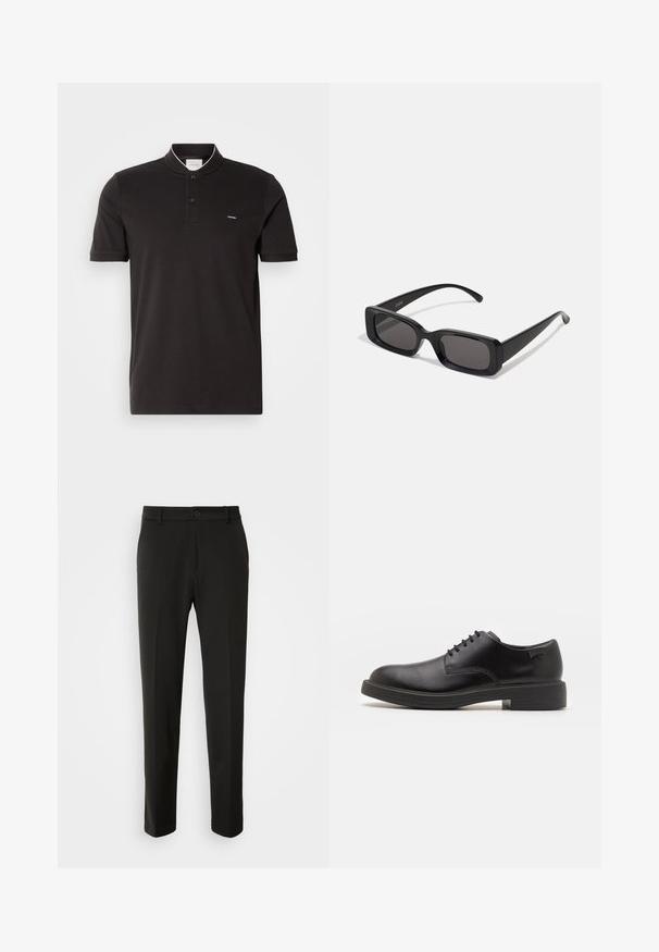 Melnas īsām piedurknēm polo krekls, izgatavots no kokvilnas, ar paceltu apkakli, divu pogu slēgšanu un mazu logo kreisajā krūtī.; Melnas bikses no gludas auduma ar taisnām kājām, pogu aizdari un klasisku dizainu, kas piemērots gan formālai, gan ikdienišķai valkāšanai.; Melna āda sašūta kurpe ar noapaļotu purngalu, gludu tekstūru, minimālu šuvju skaitu un zemu gumijas papēdi. Logo uz papēža.; Melnas taisnstūrveida saulesbrilles ar tumšiem stikliem, spīdīga apdare, platas kājas un masīvs rāmja dizains. Uz vienas kājas ir iegravēts zīmola nosaukums.