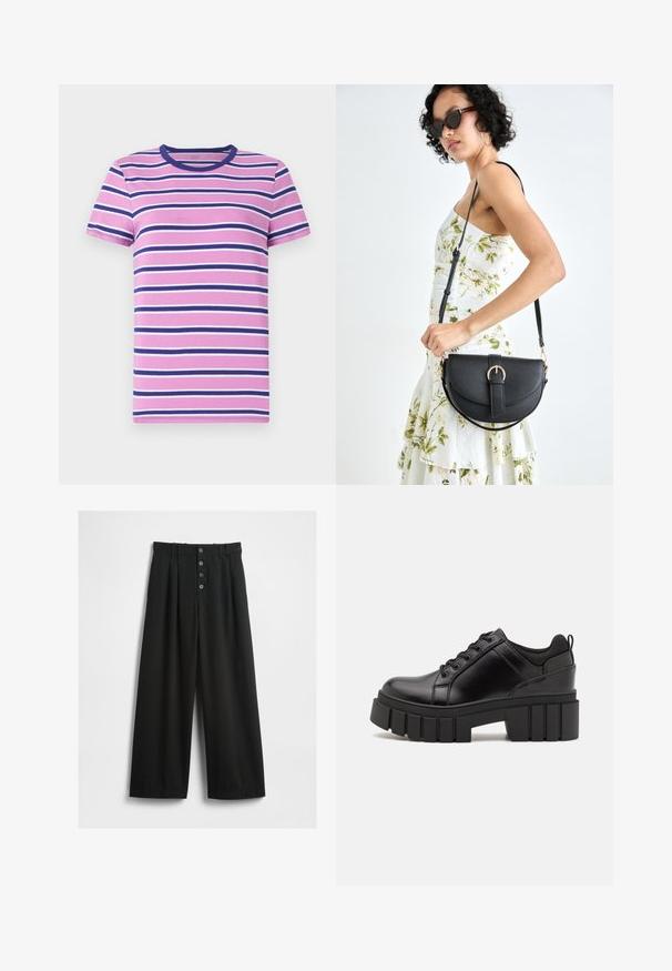 Kāzu piedurkņu t-krekls ar horizontālām svītrām rozā, baltā un jūras zila krāsā. Ar apaļu kakla izgriezumu un maigu, gludu audumu.; Platas kājas melni bikses, izgatavotas no teksturēta auduma. Iezīmēts augsts viduklis, piecu pogu priekšpusē ar aizdari, un nospiesti pleci papildu detaļai.; Melnas ādas platformas kurpes ar masīvu bloku papēdi, apaļu purngalu un tradicionālu saistīšanas dizainu. Izceļas ar gludu tekstūru un minimālu apdari.; Melnas ādas rokassoma ar izliekta formu, noņemamu siksnu un zelta aksesuāriem. Somai ir vāciņš ar sprādzes detaļu.