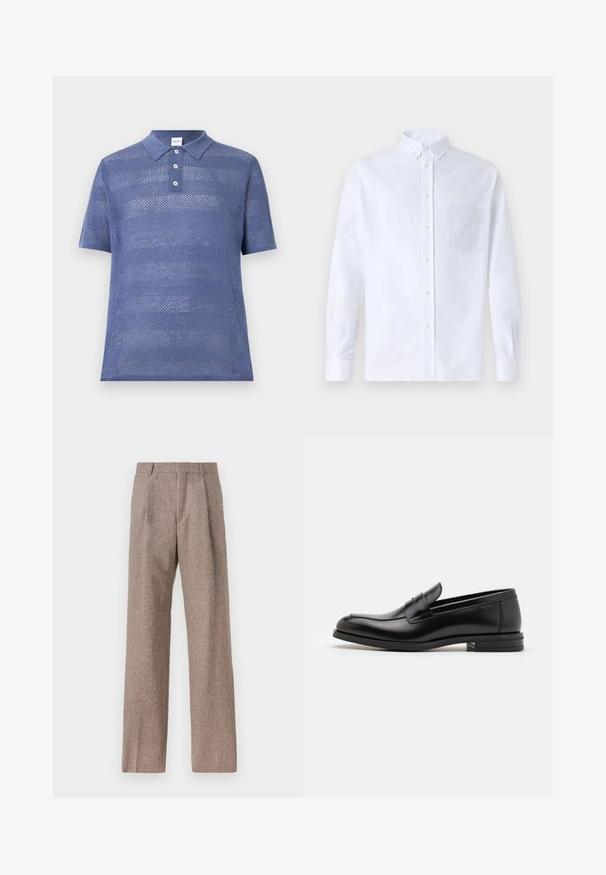 Blaues Poloshirt mit kurzen Ärmeln aus offener Strickware. Verfügt über einen Kragen mit drei Knöpfen und einem strukturierten Streifenmuster.; Weißes Langarm-Hemd mit Knöpfen aus Baumwolle, ausgestattet mit einer Brusttasche mit tonalem Stickerei, einem Kragen und Knopfmanschetten.; Braune, hochtaillierte Hose aus strukturiertem Stoff. Mit weitem Bein und zwei vorderen Bügelfalten für zusätzliche Form. Saubere Verarbeitung ohne sichtbare Hardware.; Schwarze Lederloafers mit glatter Textur, rundem Zehenbereich und einem dekorativen Riemen über dem Vorderfuß. Niedriger, gestapelter Absatz, minimalistisches Design.