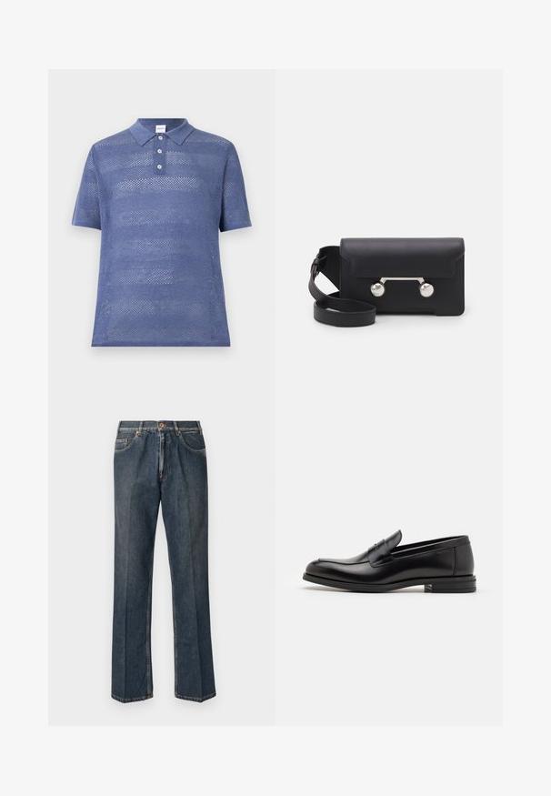 Blaues Poloshirt mit kurzen Ärmeln aus offener Strickware. Verfügt über einen Kragen mit drei Knöpfen und einem strukturierten Streifenmuster.; Dunkelblaue, gerade Jeans aus Denim mit vorderem Knopf, Reißverschluss, doppelten vorderen Taschen und sichtbaren vertikalen Falten entlang der Beine.; Schwarze Lederloafers mit glatter Textur, rundem Zehenbereich und einem dekorativen Riemen über dem Vorderfuß. Niedriger, gestapelter Absatz, minimalistisches Design.; Schwarze Leder-Umhängetasche mit Klappenverschluss, silberfarbener Hardware und zwei runden Akzenten. Verfügt über einen abnehmbaren Schulterriemen. Glatte Textur.
