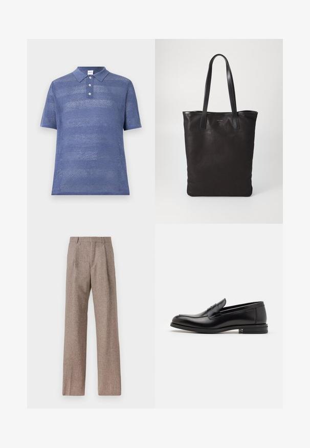 Mėlynas, trumpomis rankovėmis polo marškinėliai, pagaminti iš atvirų mezgimo audinio. Sukurtas su apykakle ir trimis mygtukais, turi tekstūruotų juostų raštą.; Rudos, aukšto liemens kelnes, pagamintas iš tekstūruotos medžiagos. Plati kojos, dvi priekinės klostės struktūrai. Tvarkingas apdailos darbai, be matomų detalių.; Juodos odinės loafers, turinčios lygų paviršių, apvalią noselę ir dekoratyvinę juostą per priekinę dalį. Žemas krentantis kulnas, minimalistinis dizainas.; Juodas drobės pirkinių maišelis su juodais odiniais rankenomis. Paprastas dizainas, erdvus kūnas ir lygus paviršius. Nėra matomų logotipų ar raštų.