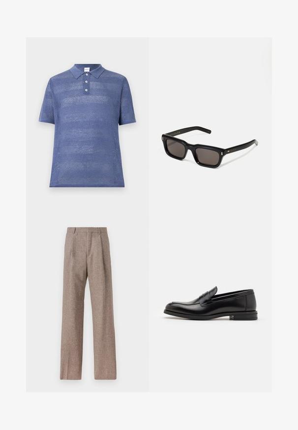 Blå kortærmet polo-shirt lavet af åbenstrikket stof. Har en krave-halsudskæring med tre knapper og en struktureret stribepattern.; Brune, højtaljede bukser lavet af tekstureret stof. Har brede ben og to frontfoldninger for struktur. Pæn finish uden synlig hardware.; Sorte læderloafers med en glat overflade, rund tå og en dekorativ strop over vampen. Lav hæl med stabeldesign, minimalistisk stil.; Sorte rektangulære solbriller med mørke glas, tyk plastisk ramme, guldtryk på stængerne og brandlogo indgraveret på armen.