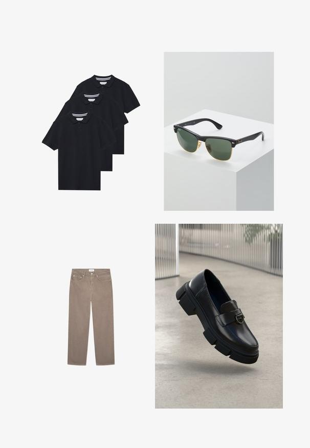 Kolm musta puuvillast polo särki klassikalise kraega, kaheteistkümne nupuga lips, ja kontrastsete triipudega detail krael.; Pruunid sirged teksad, millel on viie tasku disain, metallosad ja sile tekstuur. Kangas omab peent, ühtlast mustrit.; Mustad mustadest nahast mokassiinid, millel on turske kummitald ja selgelt määratletud muster. Ees on rihm, millel on ümmargune metallaktsent.; Ray-Ban'i prillid roheliste objektiividega, mustade plastikraamide ja kuldsete aktsentidega servadel. Ruudukujuline kuju mati viimistlusega.