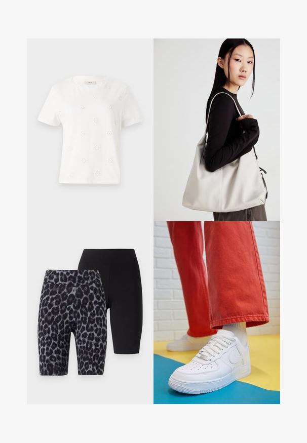 White cotton T-shirt with short sleeves featuring embroidered flower motifs. Round neckline, relaxed fit, and smooth texture.; Set of two shorts: one black, one with a gray and black leopard print. Both feature a smooth texture and an elastic waistband.; White leather sneaker with perforated toe box, textured sole, and white laces, paired with wide red pants and a blue and yellow background.; Beige handbag made of soft material, featuring a slouchy design, stitched detailing, and two shoulder straps. Suitable for everyday use.