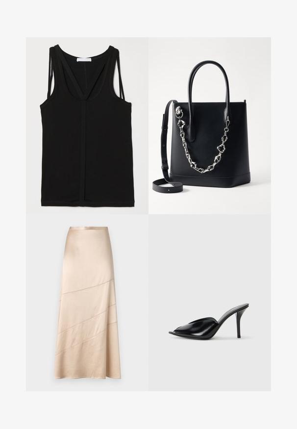 Zwarte tanktop van zachte stof, met een diepe halslijn en kruislings geplaatste bandjes. Ontworpen met een getailleerde pasvorm en platte naden.; Lichtbeige satijnen midirok met een vloeiende silhouet, diagonale stiksels en een gladde textuur met een subtiele glans.; Zwarte leren muiltjes met hoge hakken, open teen, spitse vorm, gladde textuur en een slanke stiletto-hak.; Zwarte lederen tote bag met een gestructureerd ontwerp, voorzien van een zilveren kettingaccent en dubbele handgrepen. Inclusief een afneembare leren schouderriem.