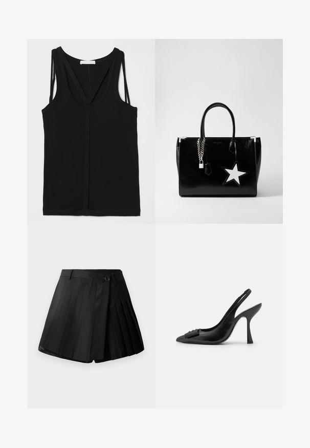 Schwarzes Tanktop aus weichem Stoff mit tiefem Ausschnitt und gekreuzten Trägern. Entworfen mit einer figurschmeichelnden Silhouette und flachen Nähten.; Schwarze plissierte Shorts mit flachem Bund, Knopfverschluss und leichtem Stoff. Ausgestattet mit scharfen Falten und einem sauberen Saum.; Schwarzer Leder-Slingback-Schuh mit spitzem Zehenbereich, schlankem High Heel und dekorativem Schleifenakzent. Glatte Textur und elegantes Design.; Schwarze Handtasche aus lackiertem Leder mit eleganter Form. Mit silberner Kettenhardware, einem Schloss und einem weißen Sternelement an der Seite.